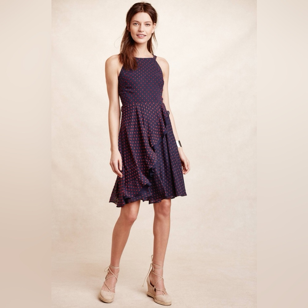ANTHROPOLOGIE Eva Franco
Ruffled Clipdot Dress Size 4
Navy Blue Red Polka Dots